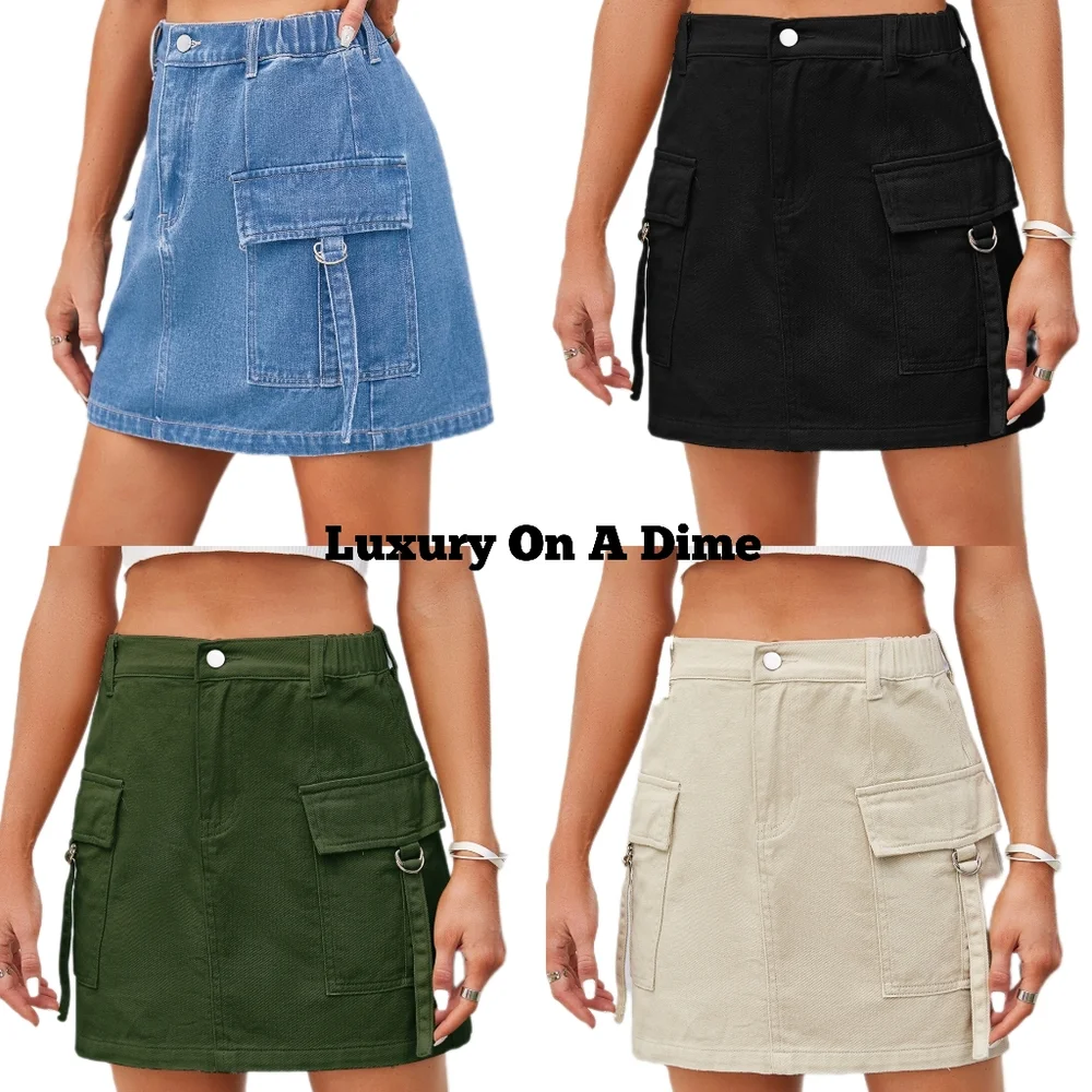 Denim Mini 90s Retro Cargo Side Pocket High-Rise Elastic Waist Green Jean Skirt